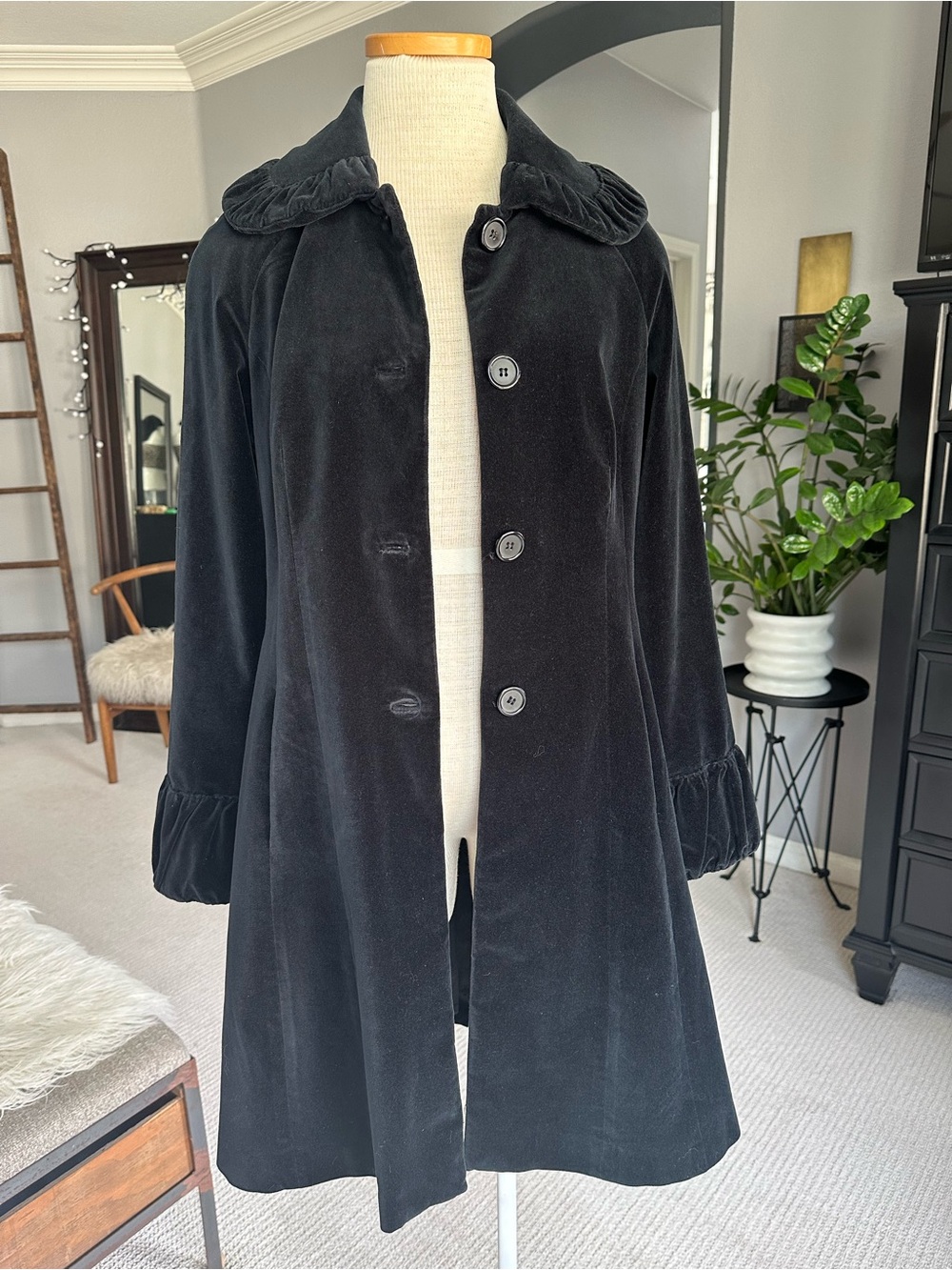 Odille (Anthropologie) velvet coat with ruffled collar and cuffs, size 8 - Picture 3 of 17